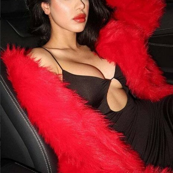 Lapel Neck Slant Pockets Faux fur Coat Red - Picture 2 of 7